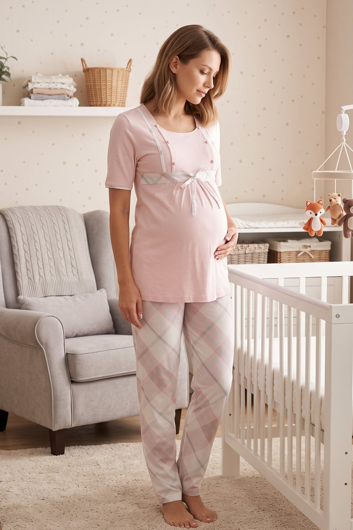 Plaid Check Print Maternity Feeding-Friendly Pajama Set Powder - T6022