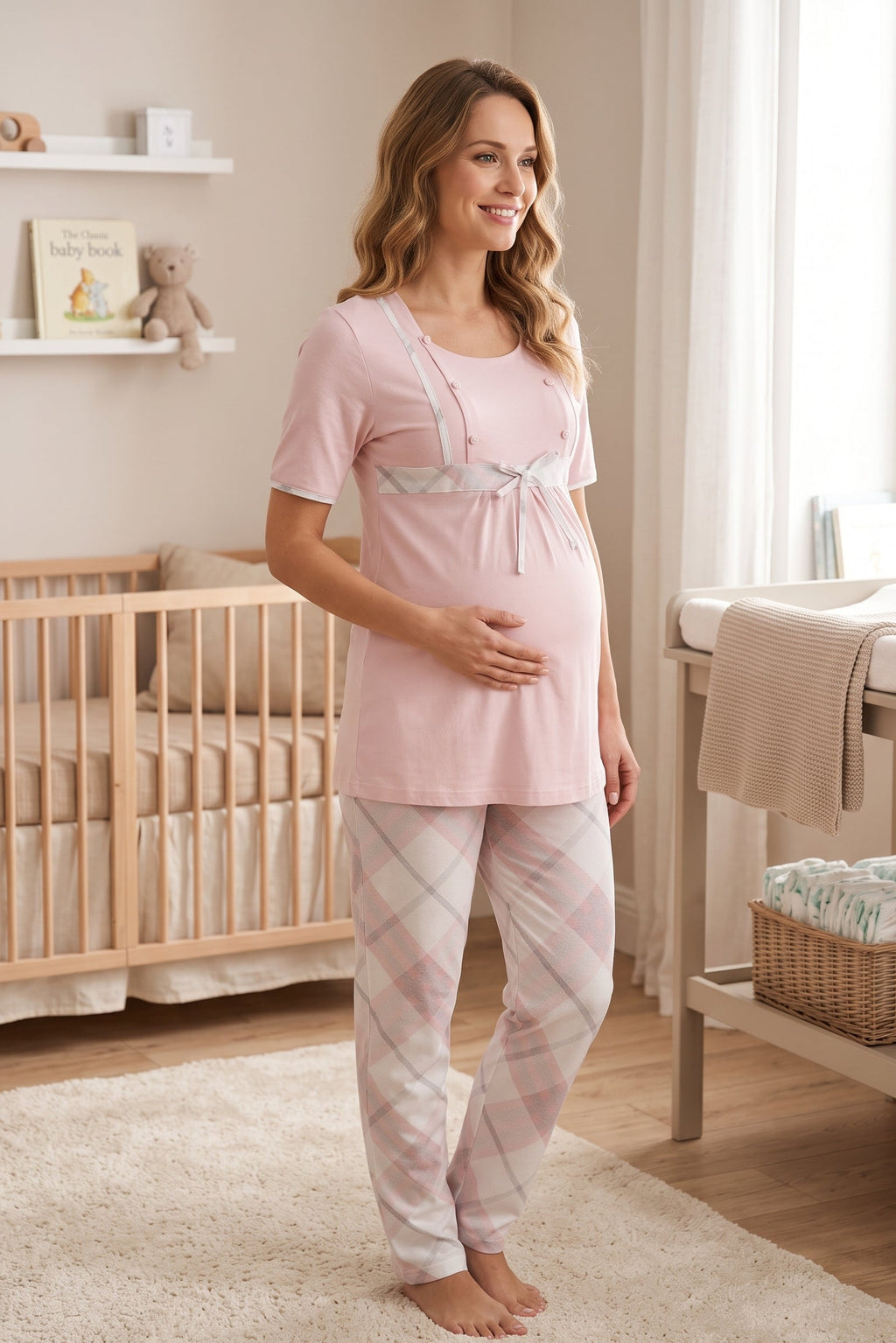 Plaid Check Print Maternity Feeding-Friendly Pajama Set Powder - T6022