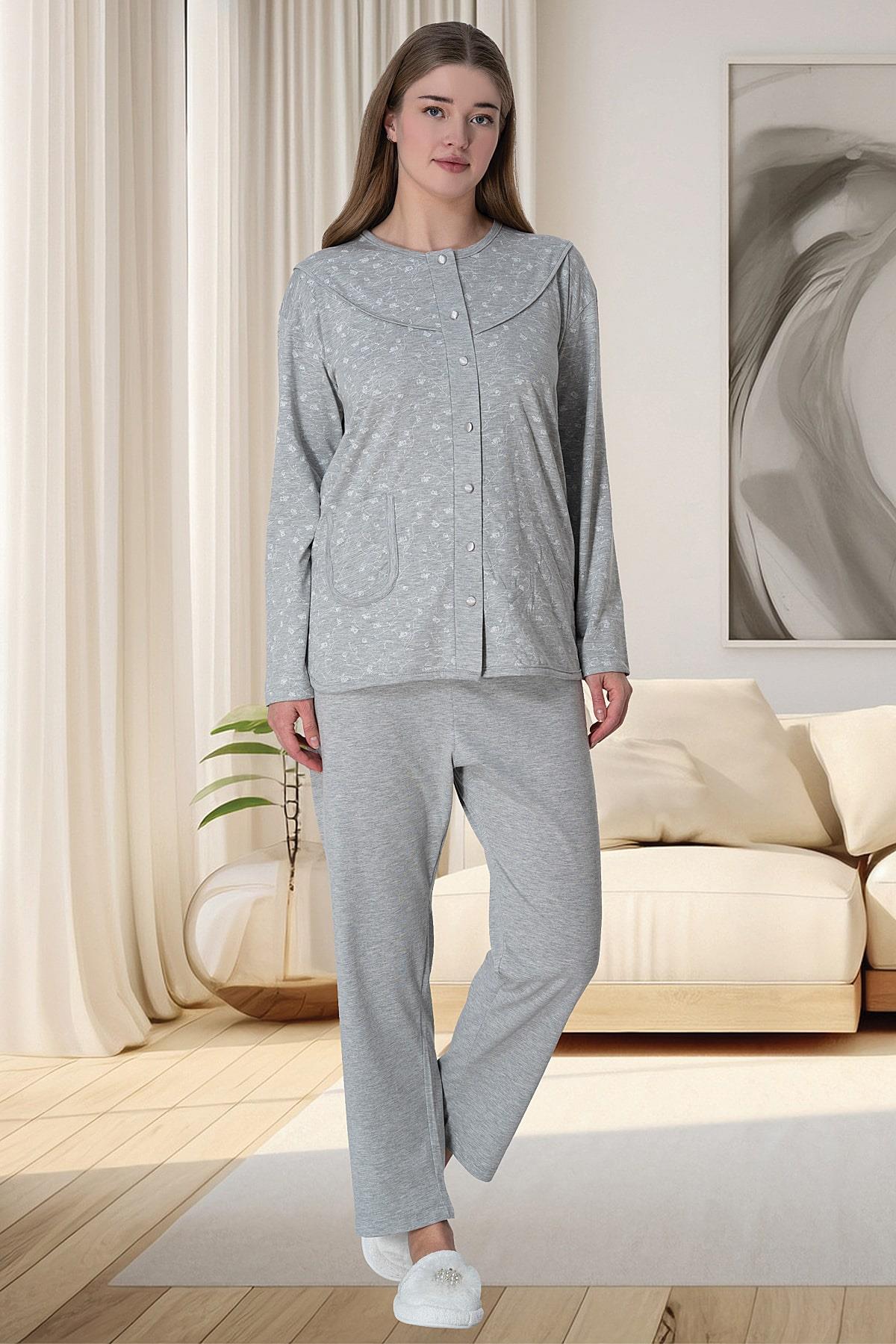 Flowery Front Buttoned Plus Size Maternity Feeding-Friendly Pajama Set Grey - C6022
