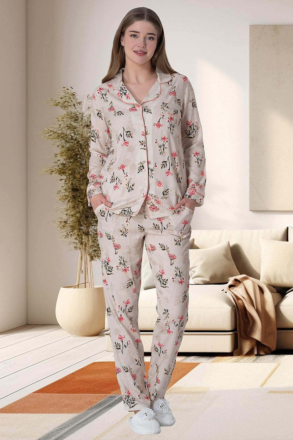 Flowery Plus Size Maternity Feeding-Friendly Pajamas Powder - C6023