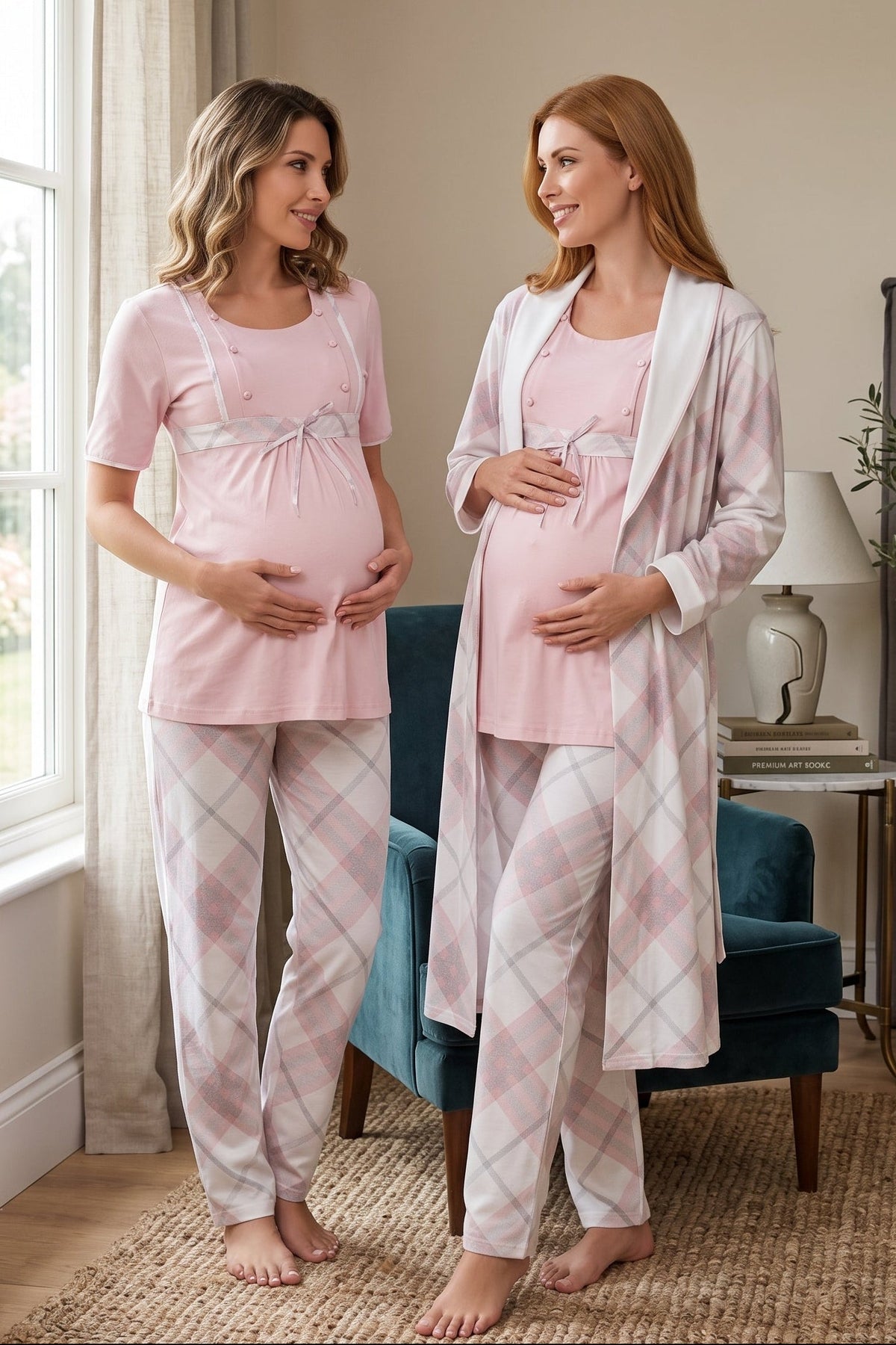 Plaid Check Print 3-Piece Maternity Feeding-Friendly Pajama & Robe Set Powder - T6024