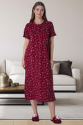 Flowery Plus Size Maternity Feeding-Friendly Nightgown Claret Red - C6024