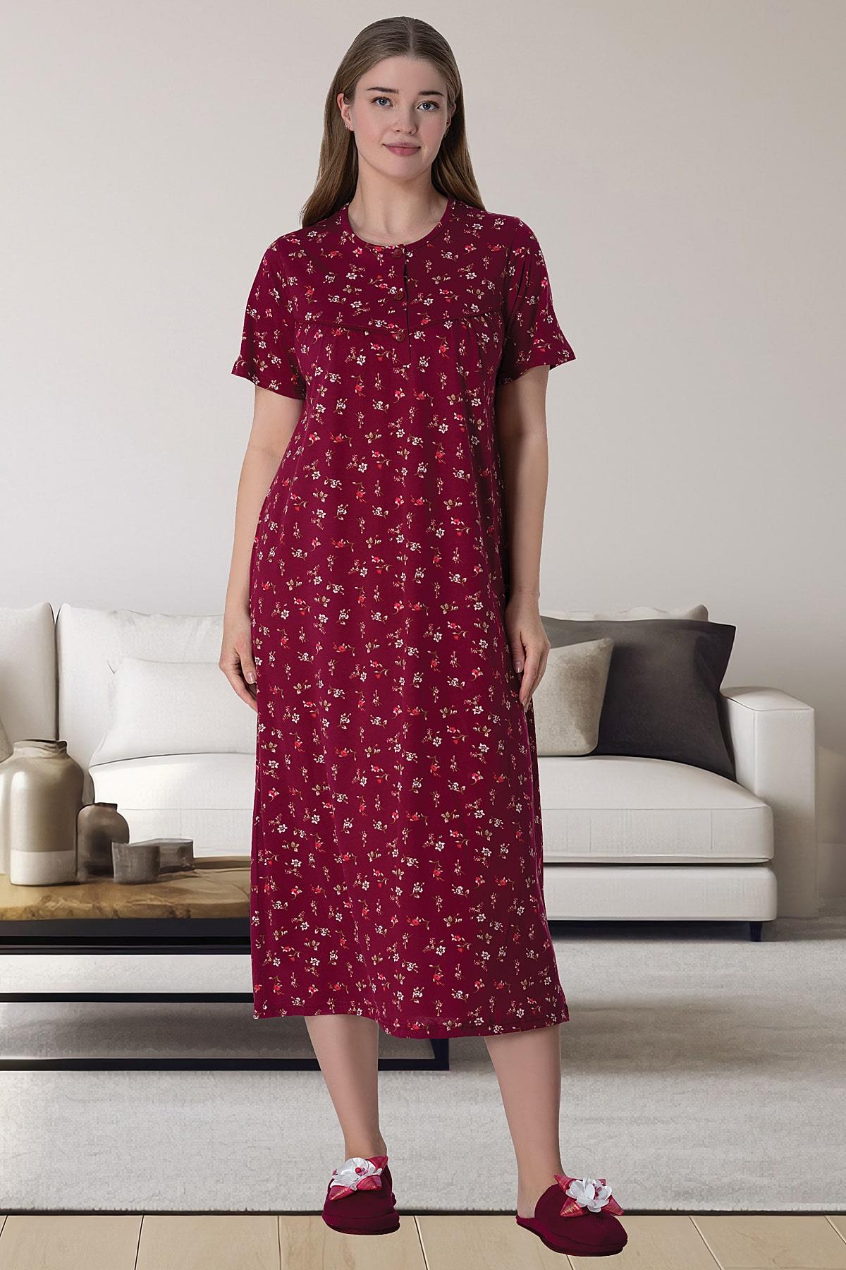 Flowery Plus Size Maternity Feeding-Friendly Nightgown Claret Red - C6024