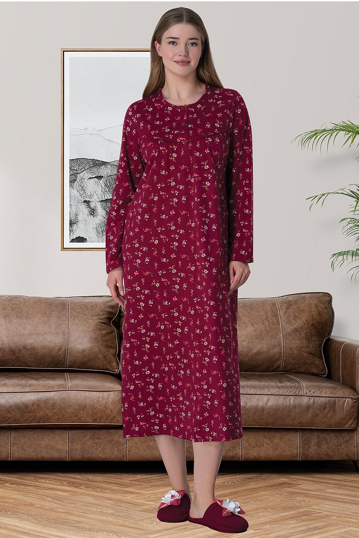 Flowery Plus Size Maternity Feeding-Friendly Nightgown Claret Red - C6025