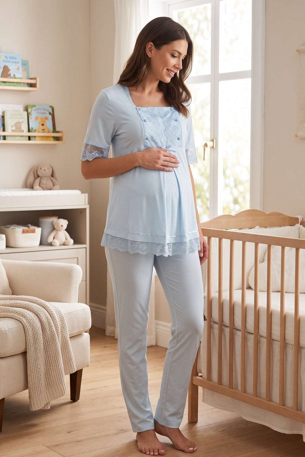 Lace Embroidered Maternity Feeding-Friendly Pajama Set Blue - T6032