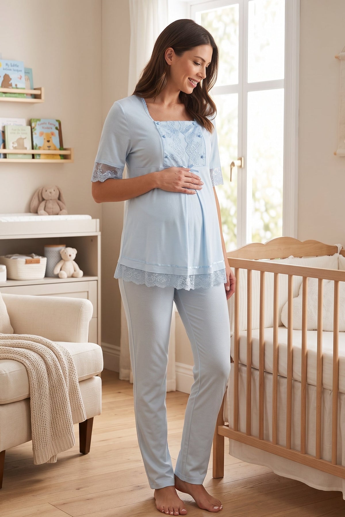 Lace Embroidered Maternity Feeding-Friendly Pajama Set Blue - T6032