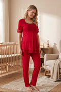 Lace Embroidered Maternity Feeding-Friendly Pajama Set Cherry - T6032