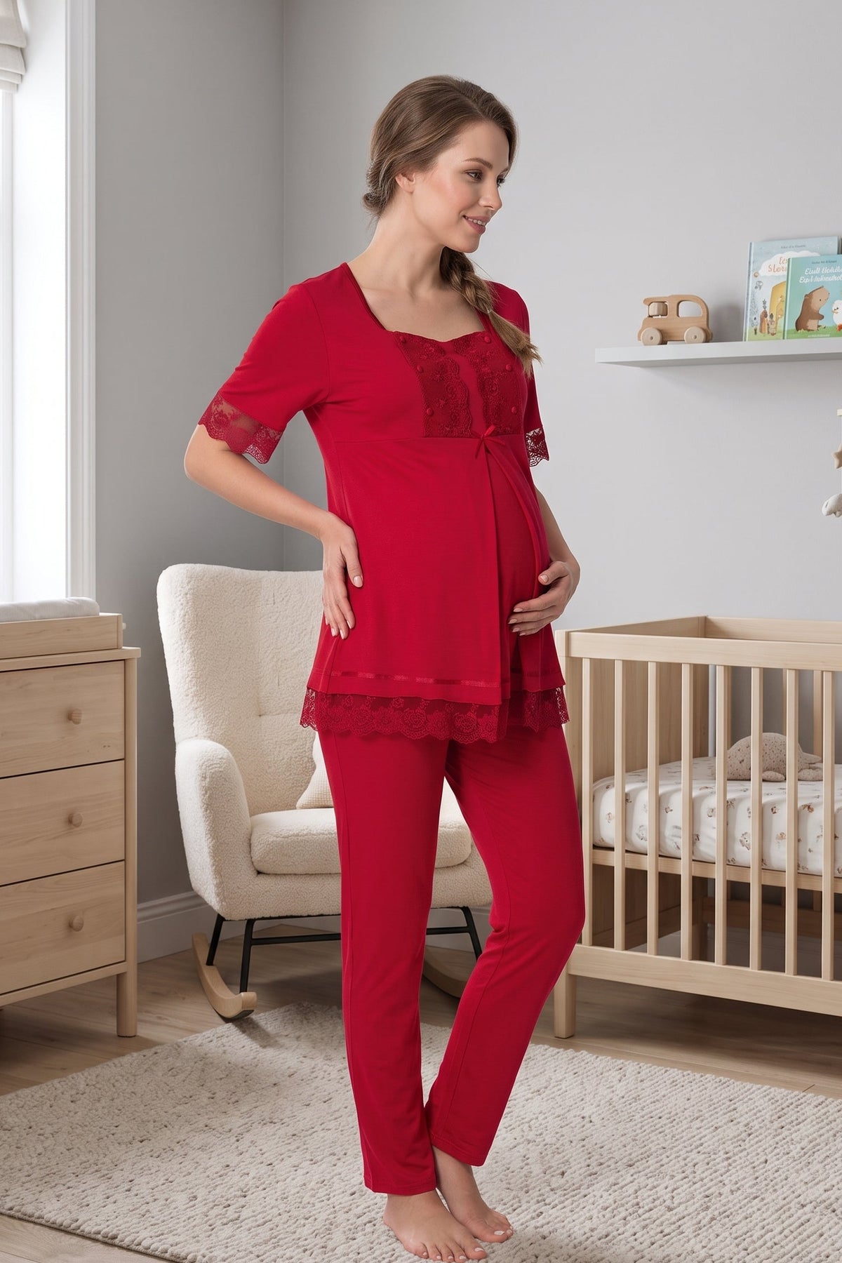 Lace Embroidered Maternity Feeding-Friendly Pajama Set Cherry - T6032