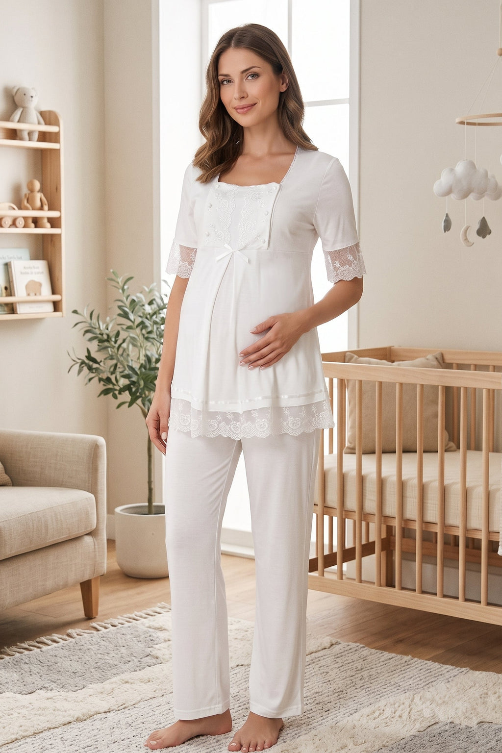 Lace Embroidered Maternity Feeding-Friendly Pajama Set Ecru - T6032