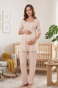 Lace Embroidered Maternity Feeding-Friendly Pajama Set Mink - T6032