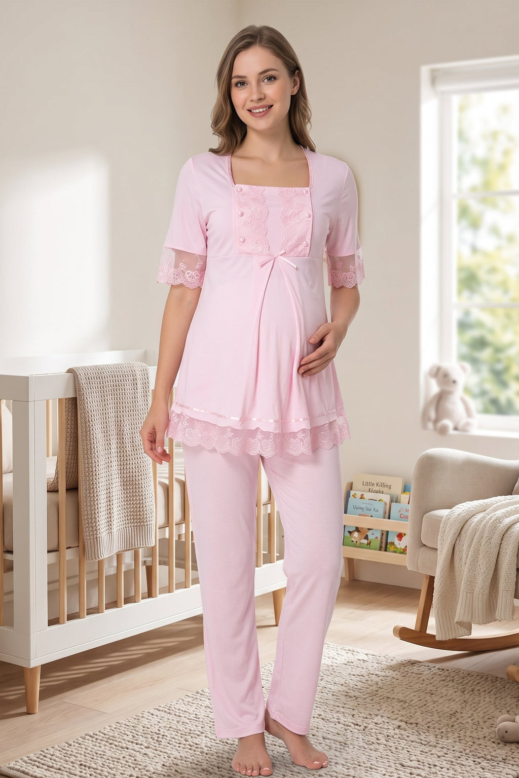 Lace Embroidered Maternity Feeding-Friendly Pajama Set Pink - T6032