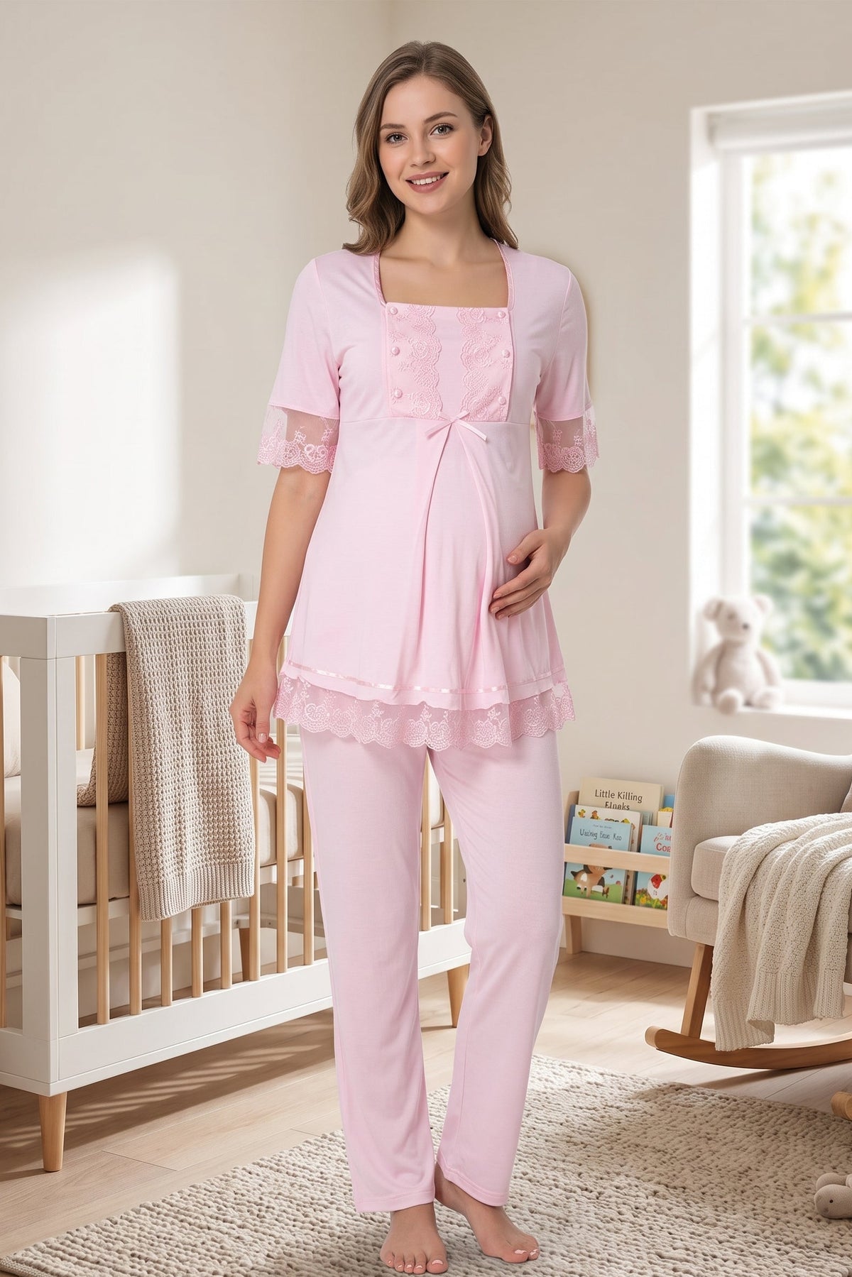 Lace Embroidered Maternity Feeding-Friendly Pajama Set Pink - T6032