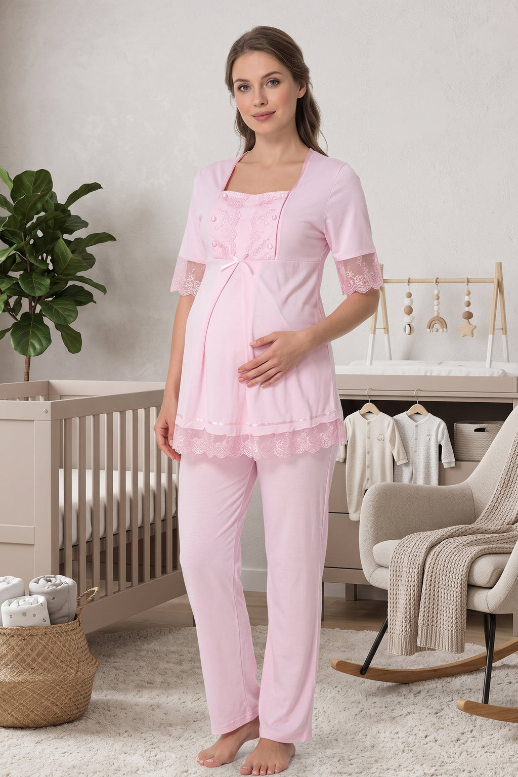 Lace Embroidered Maternity Feeding-Friendly Pajama Set Pink - T6032