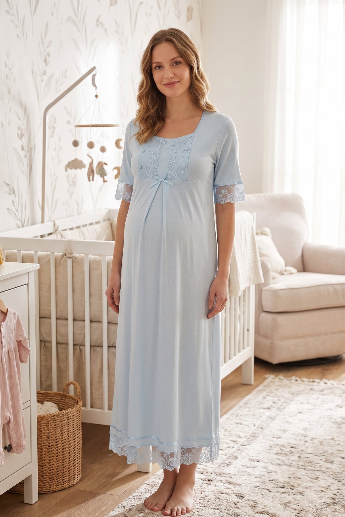Lace Embroidered Maternity Feeding-Friendly Nightgown Blue - T6033