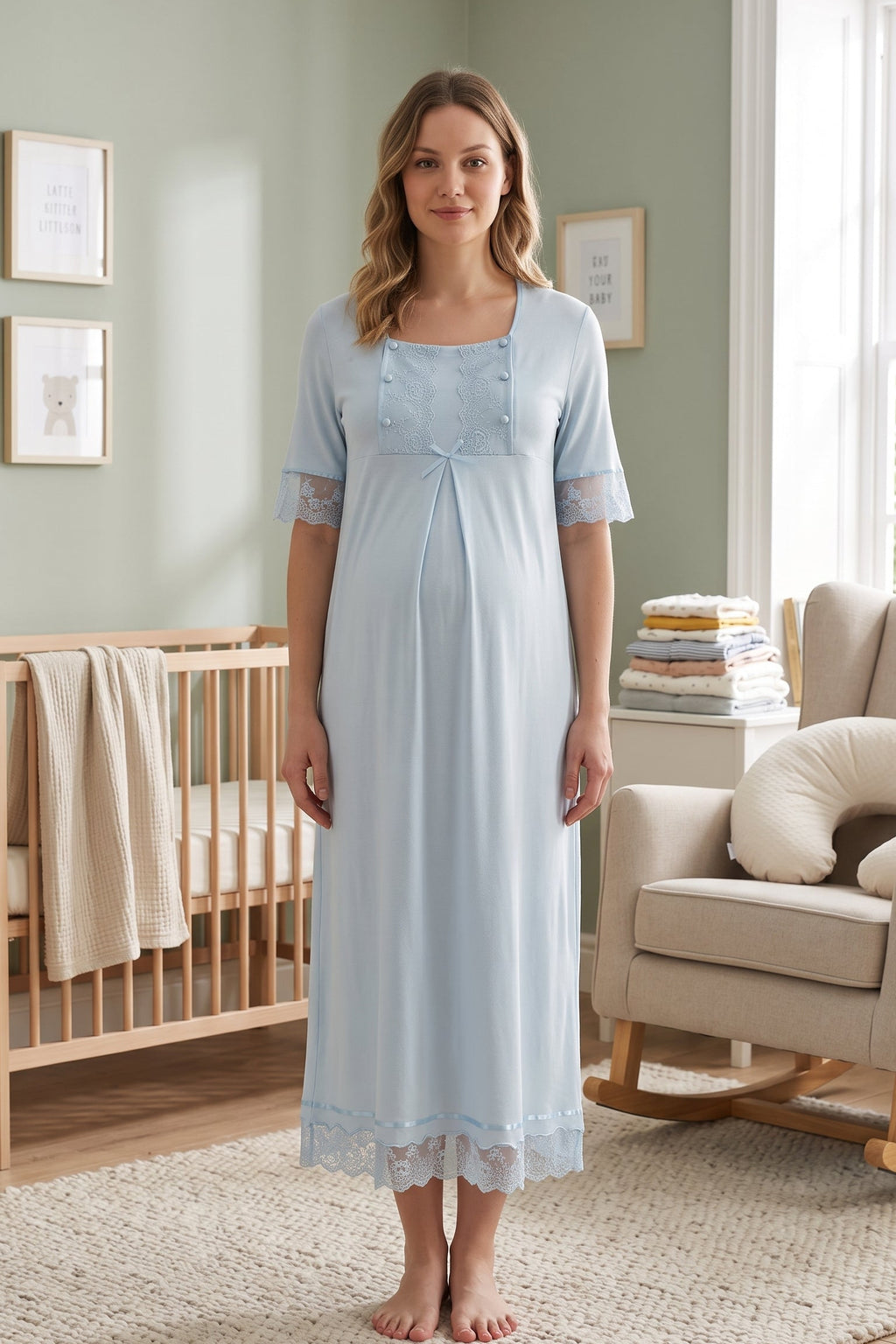 Lace Embroidered Maternity Feeding-Friendly Nightgown Blue - T6033