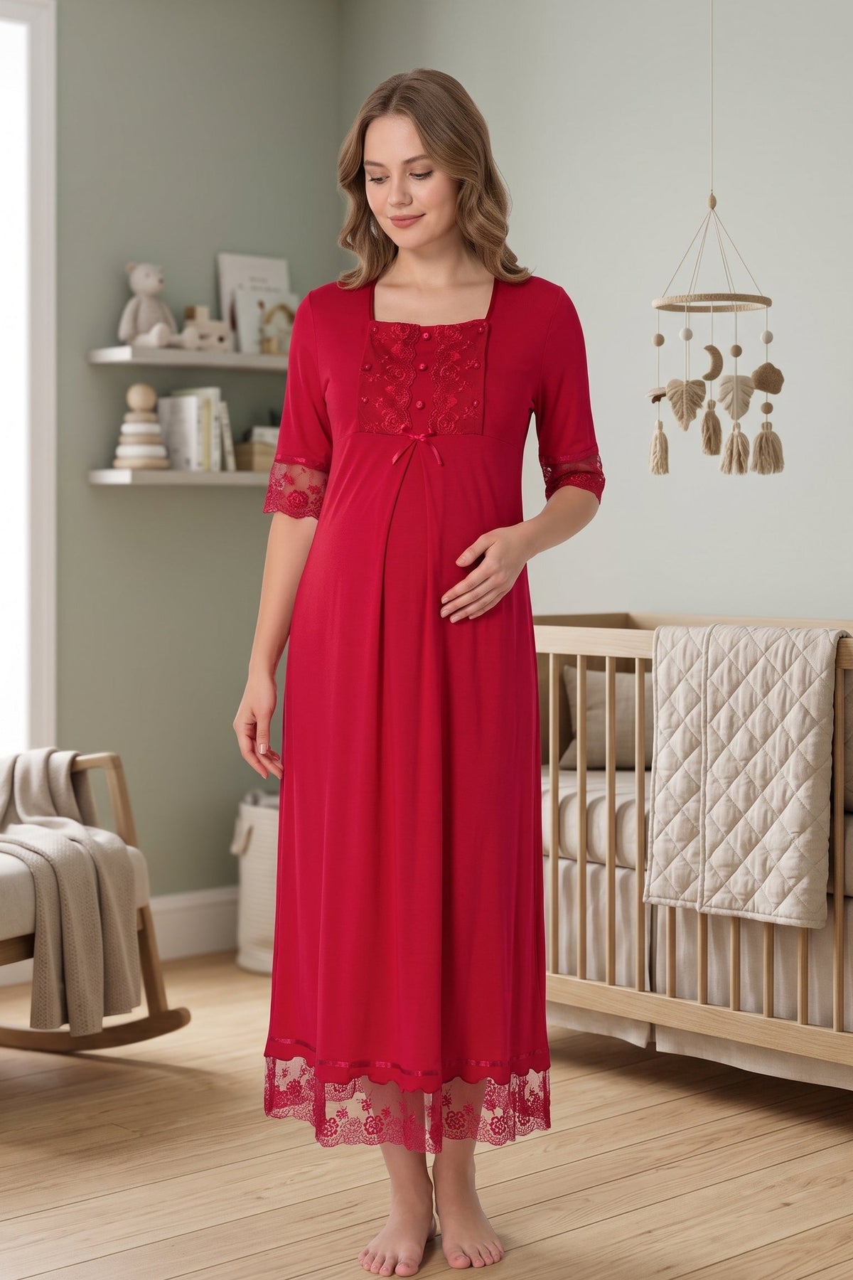 Lace Embroidered Maternity Feeding-Friendly Nightgown Cherry - T6033