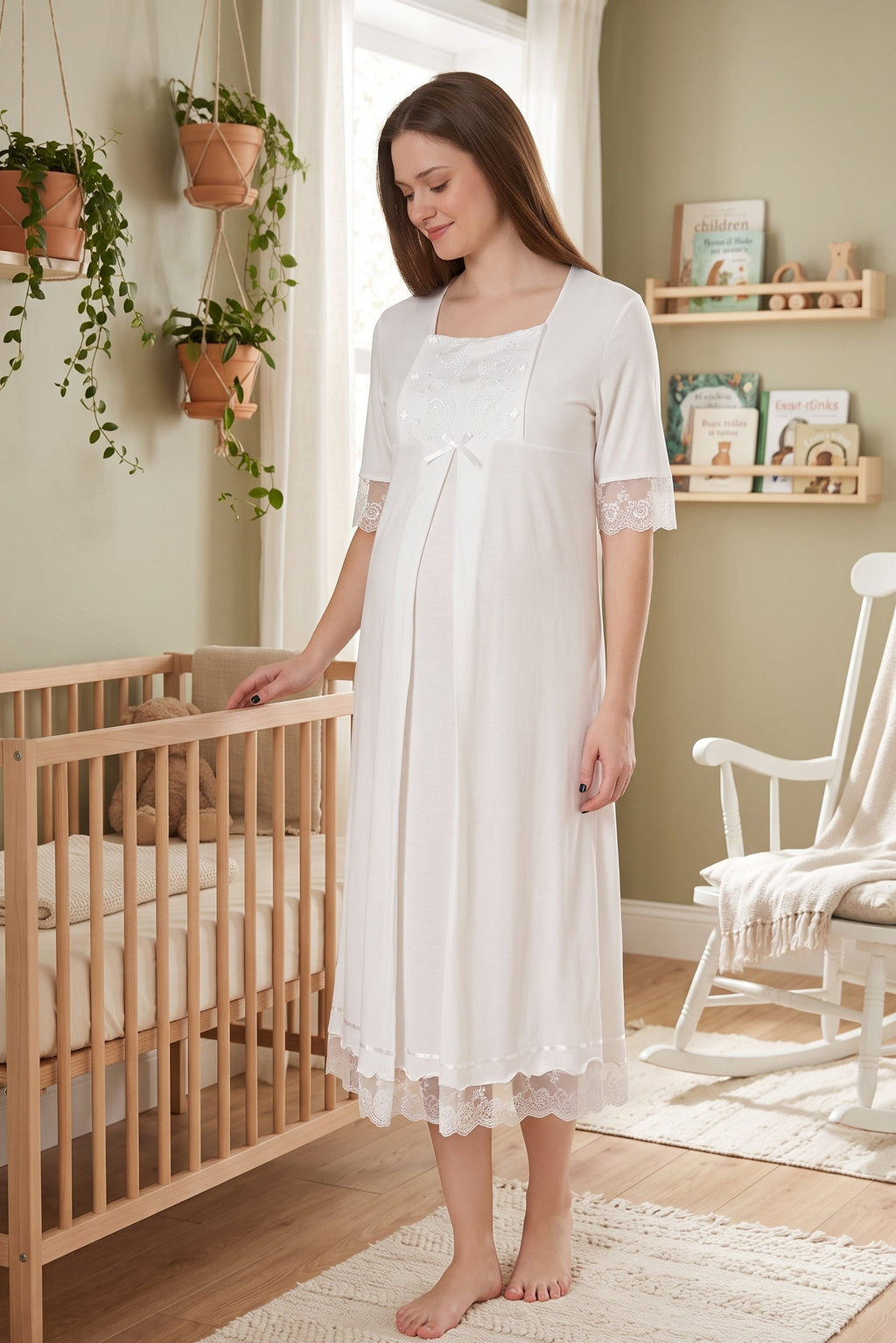Lace Embroidered Maternity Feeding-Friendly Nightgown Ecru - T6033