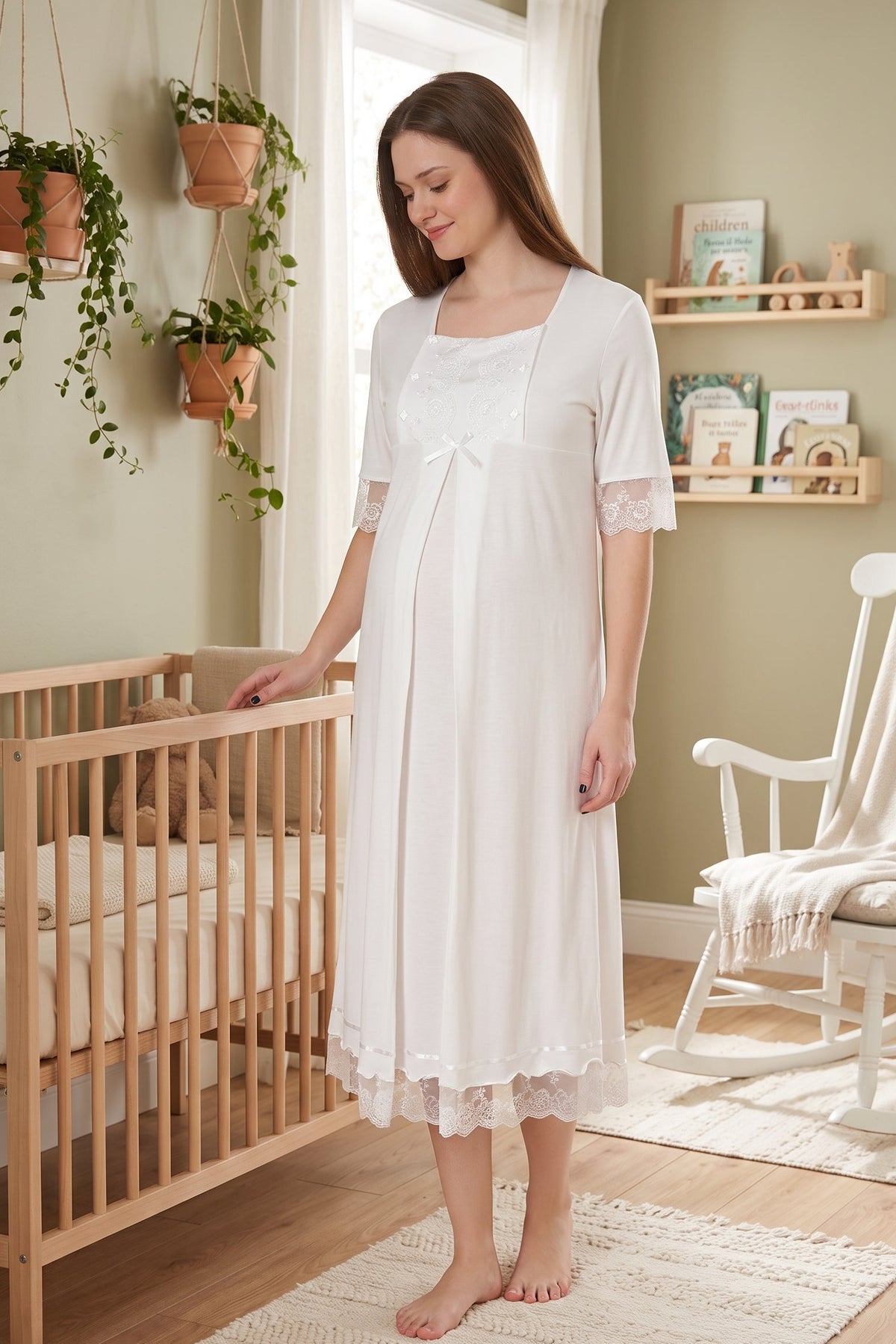 Lace Embroidered Maternity Feeding-Friendly Nightgown Ecru - T6033