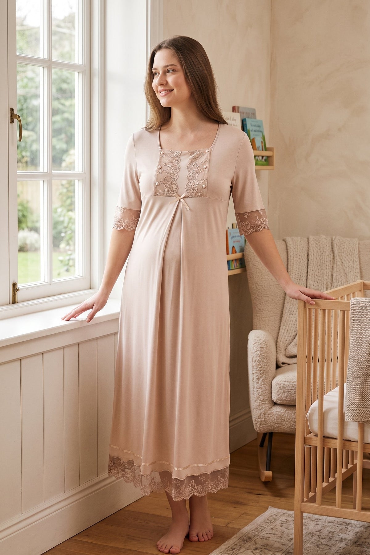 Lace Embroidered Maternity Feeding-Friendly Nightgown Mink - T6033