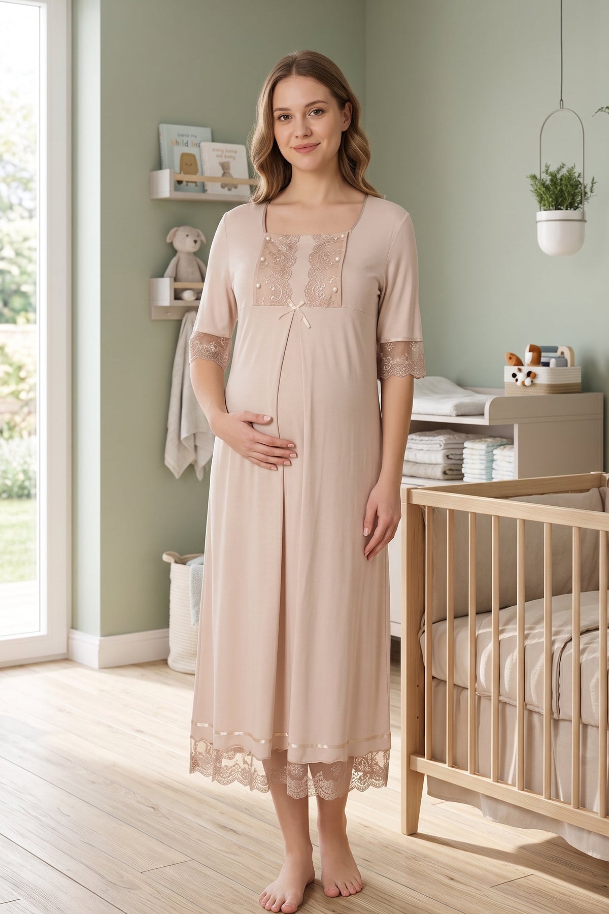 Lace Embroidered Maternity Feeding-Friendly Nightgown Mink - T6033