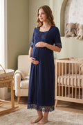 Lace Embroidered Maternity Feeding-Friendly Nightgown Navy Blue - T6033