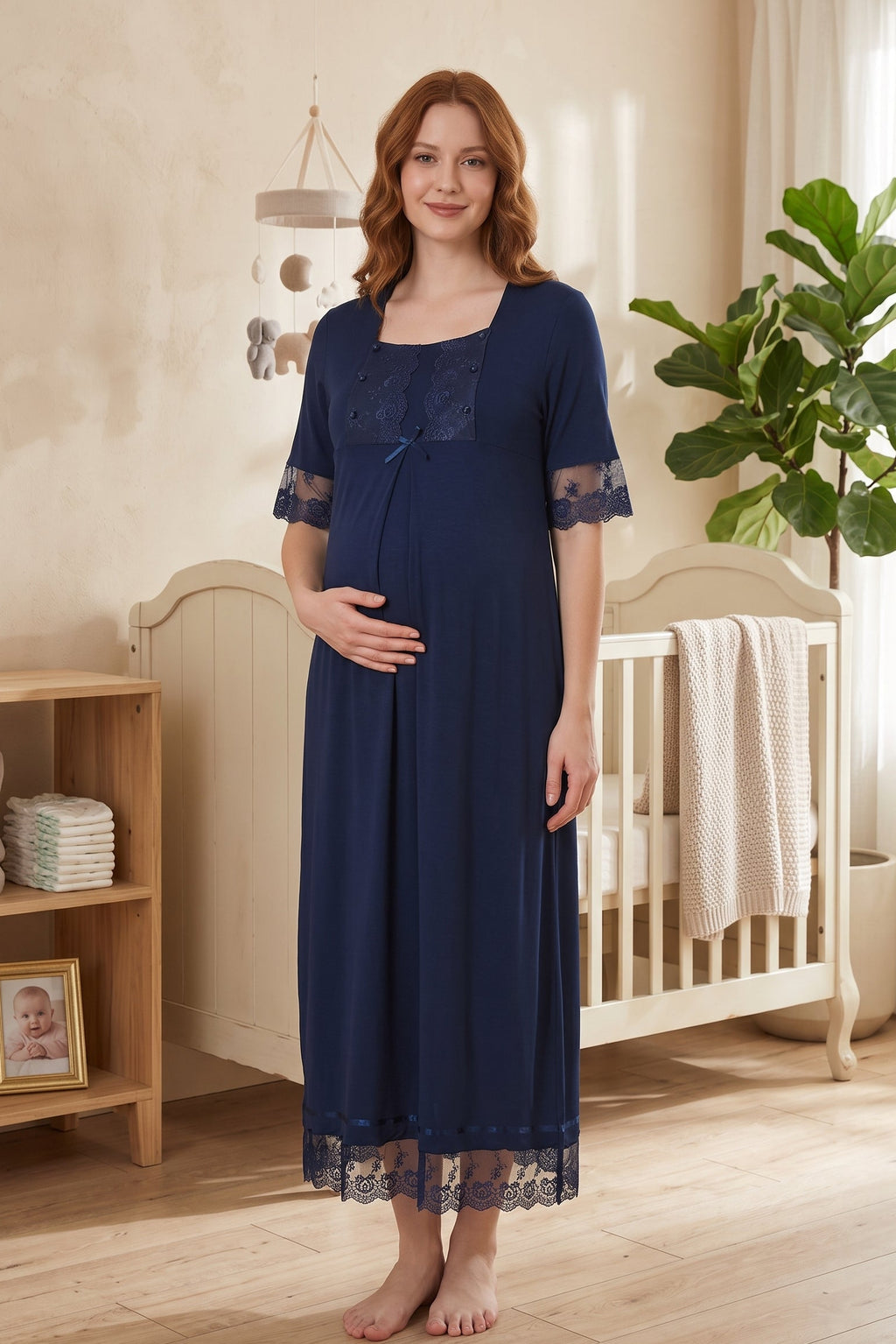 Lace Embroidered Maternity Feeding-Friendly Nightgown Navy Blue - T6033