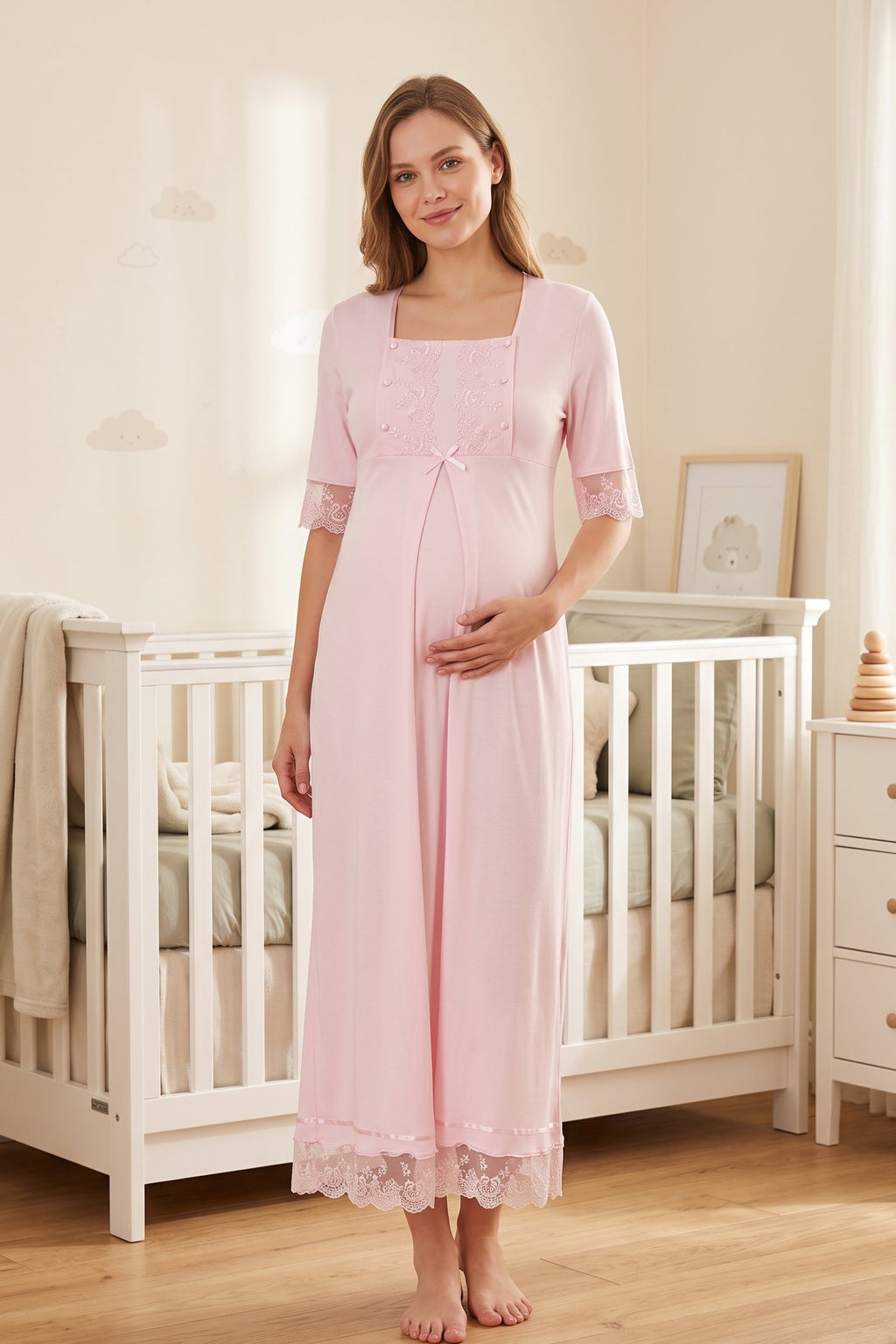 Lace Embroidered Maternity Feeding-Friendly Nightgown Pink - T6033