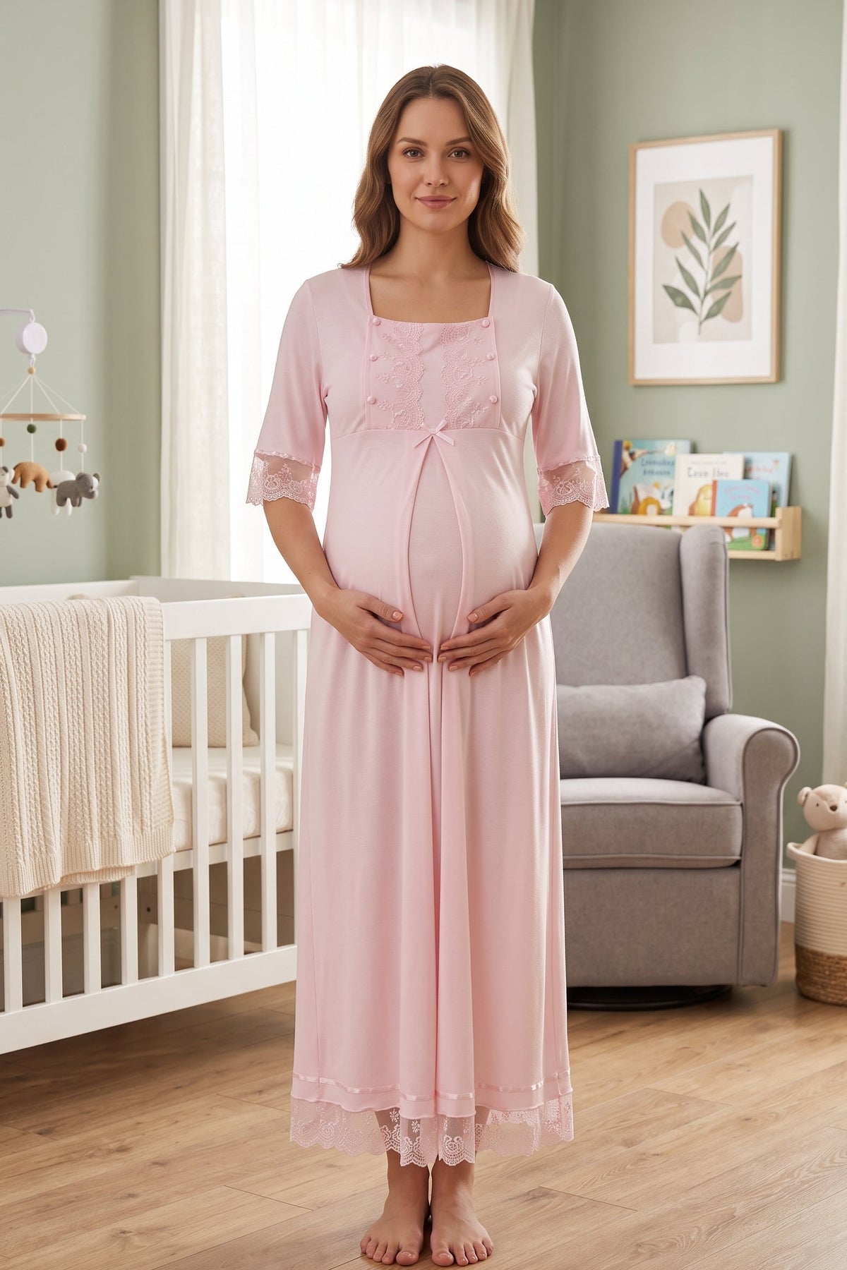 Lace Embroidered Maternity Feeding-Friendly Nightgown Pink - T6033
