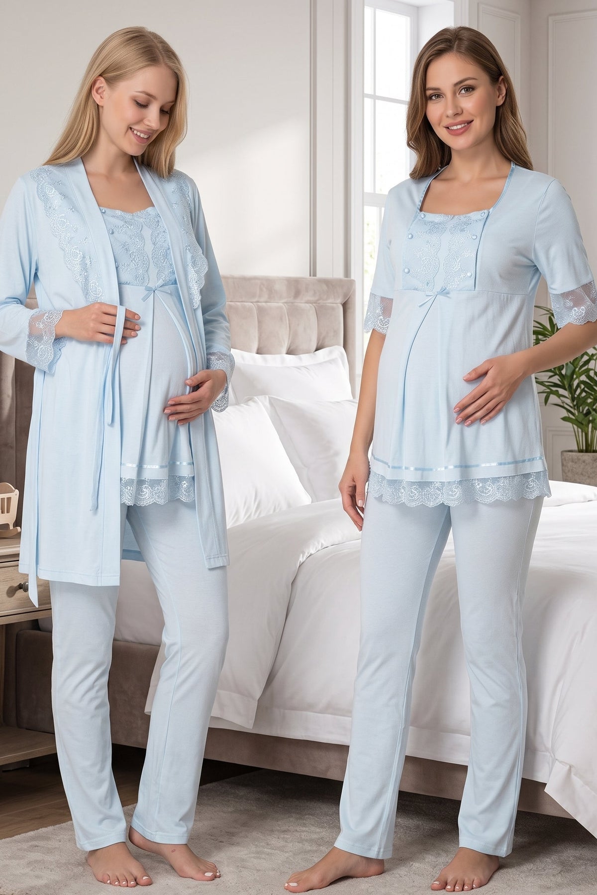 Lace Embroidered 3-Piece Maternity Feeding-Friendly Pajama & Robe Set Blue - T6034
