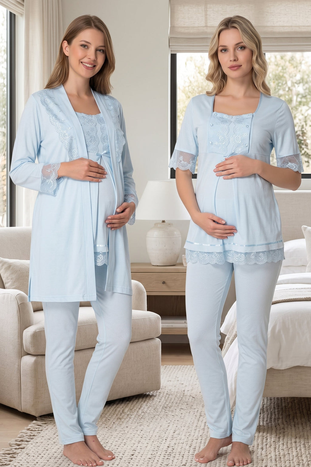 Lace Embroidered 3-Piece Maternity Feeding-Friendly Pajama & Robe Set Blue - T6034