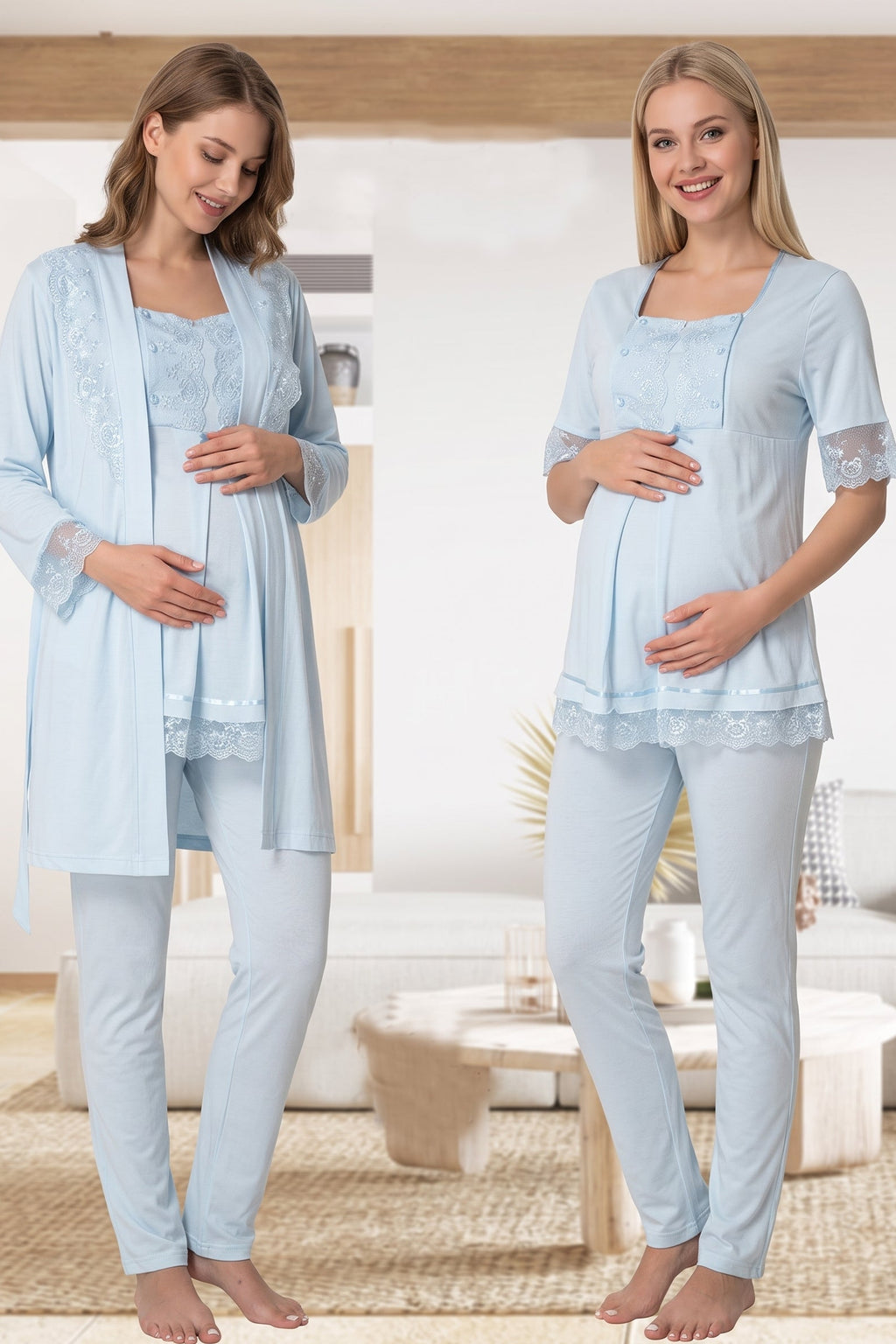 Lace Embroidered 3-Piece Maternity Feeding-Friendly Pajama & Robe Set Blue - T6034