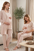 Lace Embroidered 3-Piece Maternity Feeding-Friendly Pajama & Robe Set Mink - T6034
