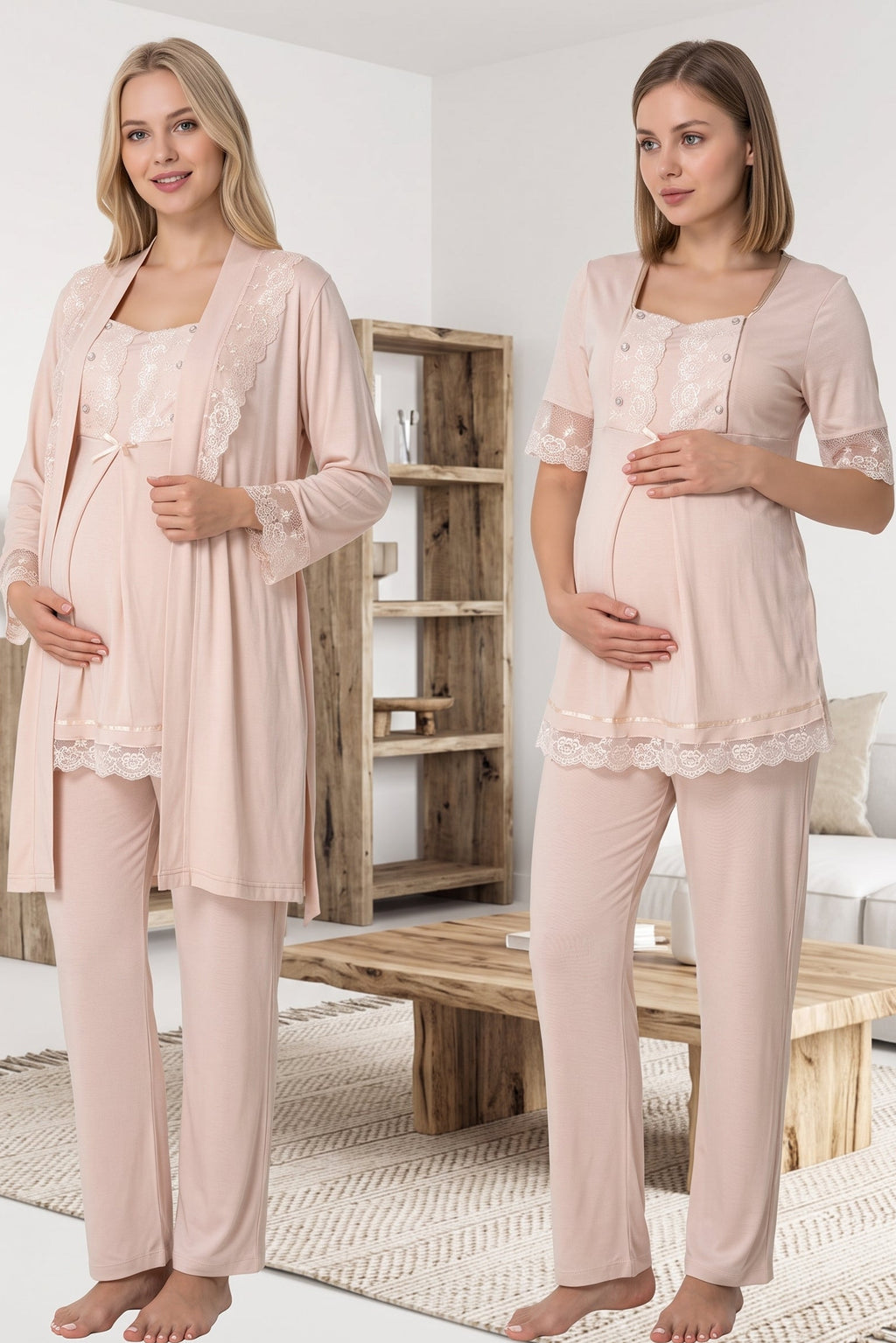 Lace Embroidered 3-Piece Maternity Feeding-Friendly Pajama & Robe Set Mink - T6034