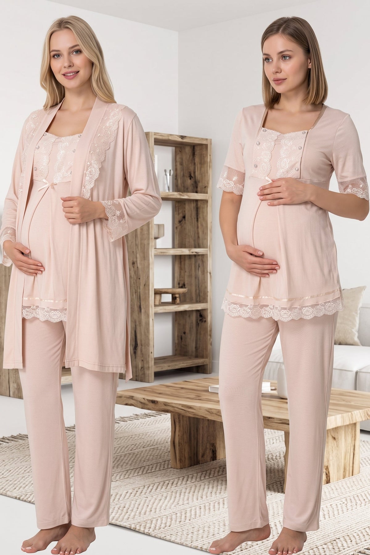 Lace Embroidered 3-Piece Maternity Feeding-Friendly Pajama & Robe Set Mink - T6034