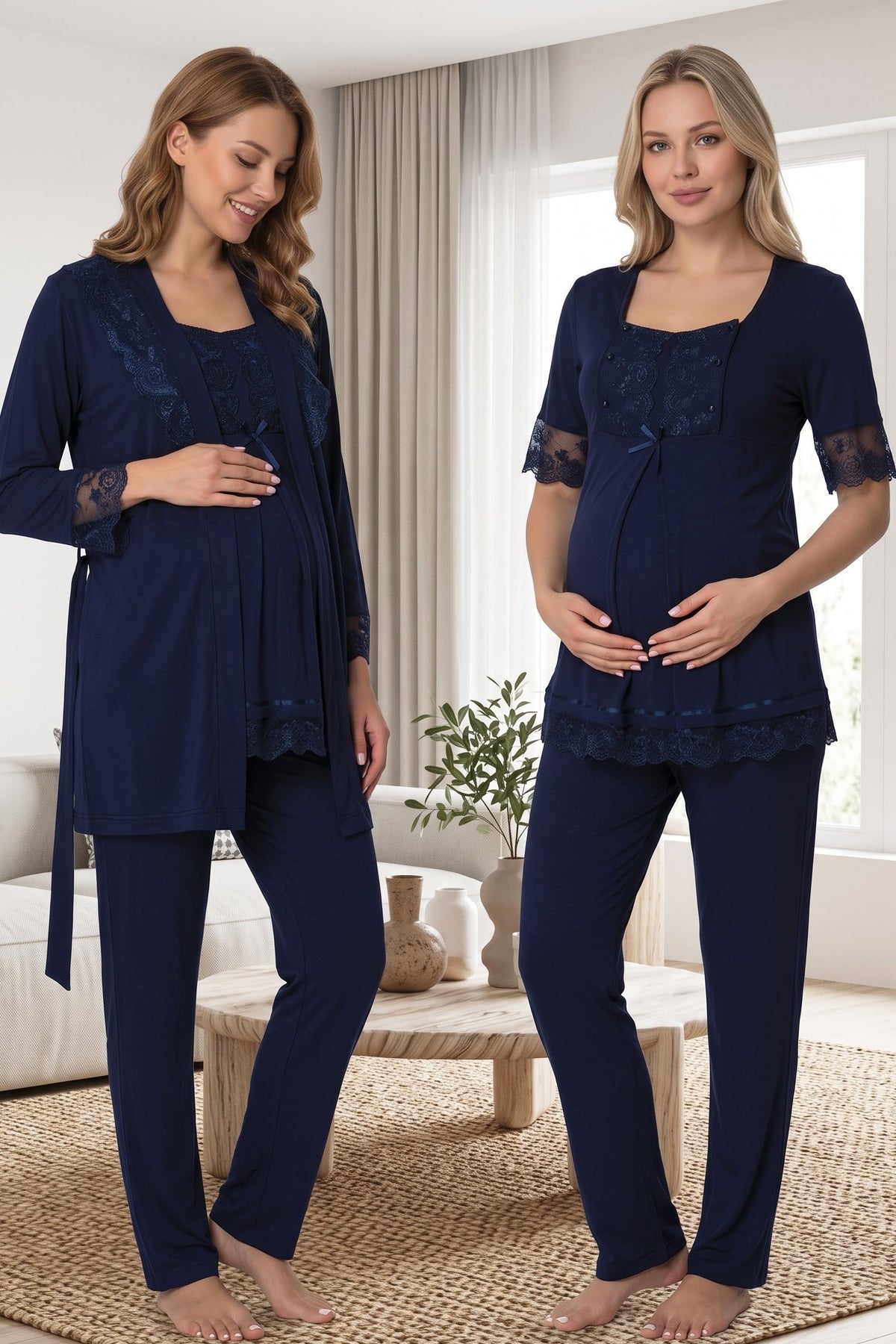 Lace Embroidered 3-Piece Maternity Feeding-Friendly Pajama & Robe Set Navy Blue - T6034