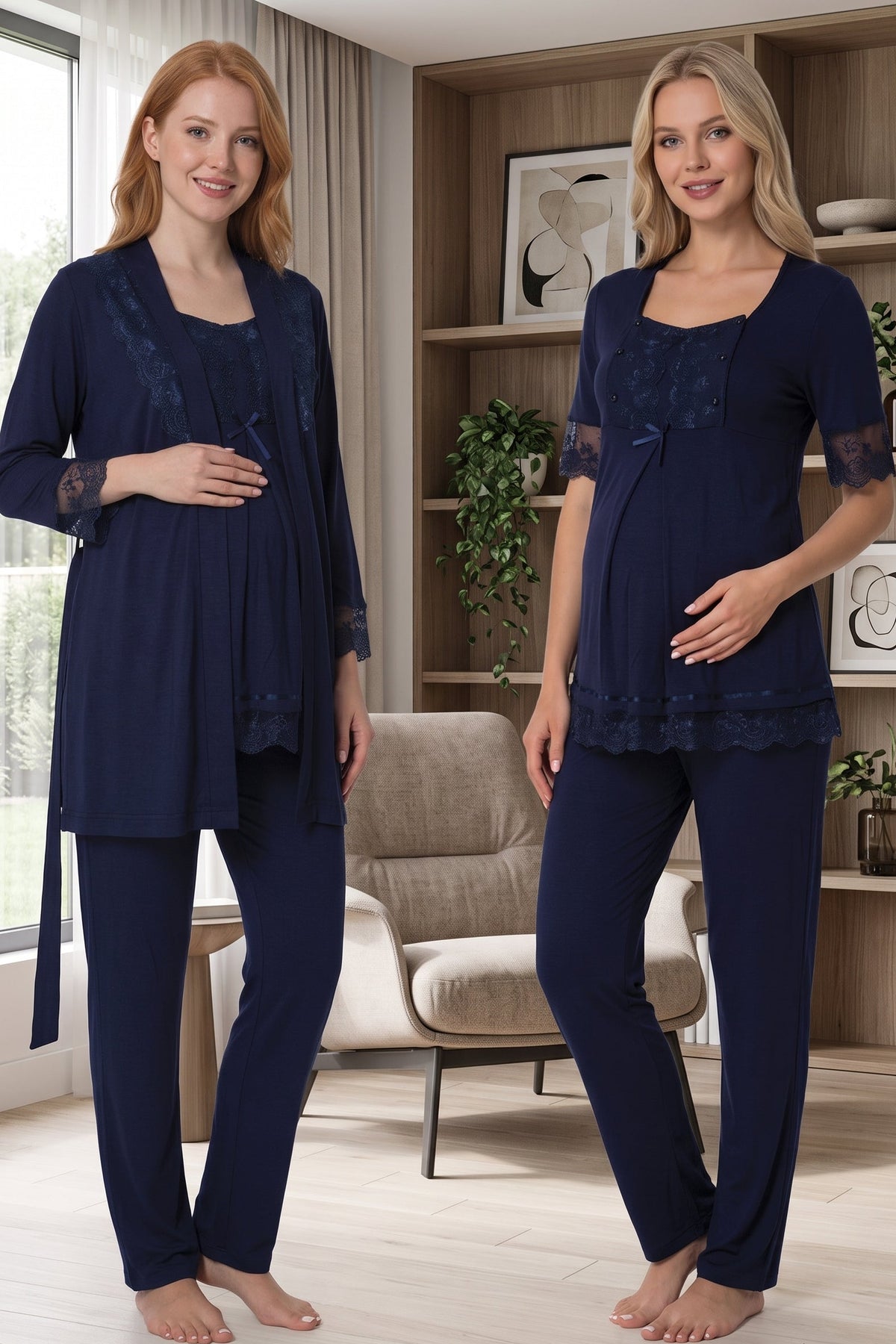 Lace Embroidered 3-Piece Maternity Feeding-Friendly Pajama & Robe Set Navy Blue - T6034