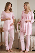 Lace Embroidered 3-Piece Maternity Feeding-Friendly Pajama & Robe Set Pink - T6034