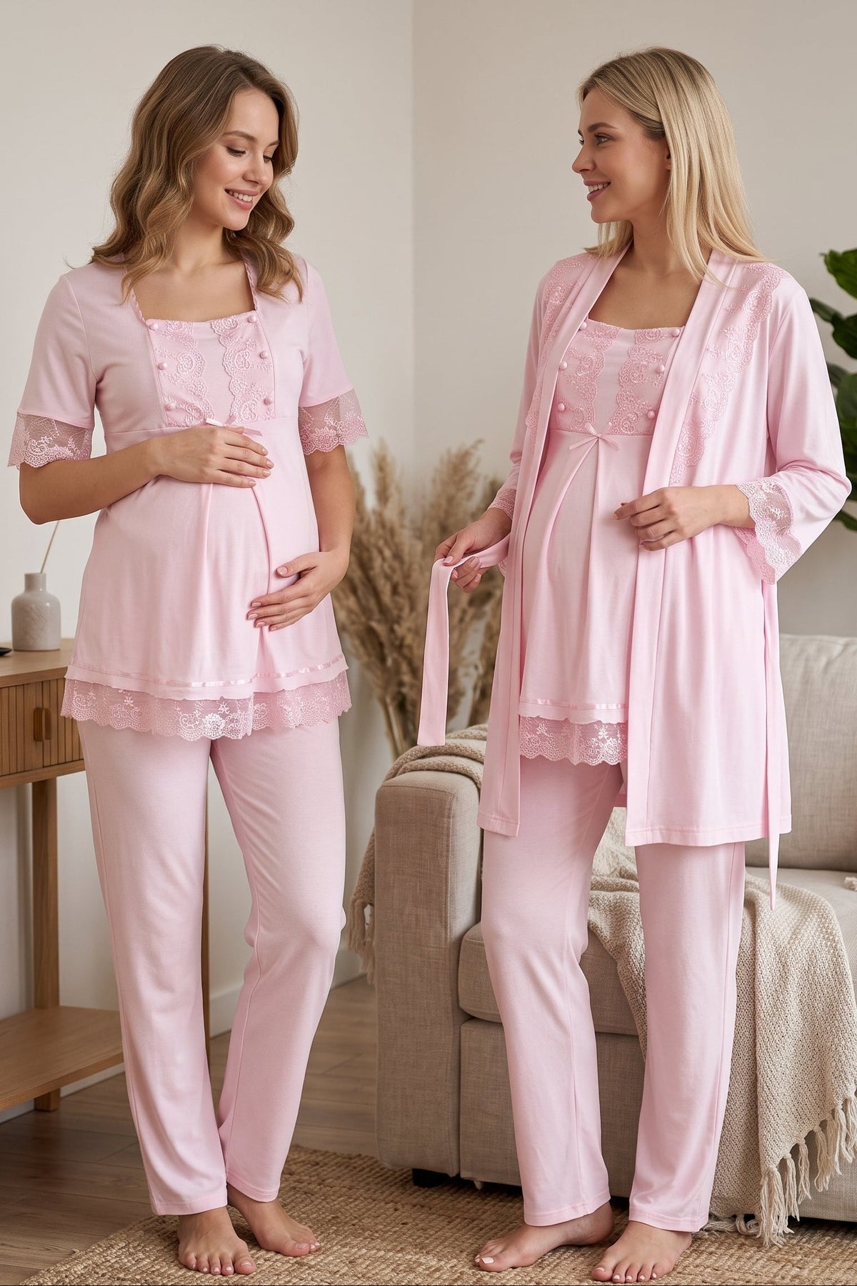 Lace Embroidered 3-Piece Maternity Feeding-Friendly Pajama & Robe Set Pink - T6034