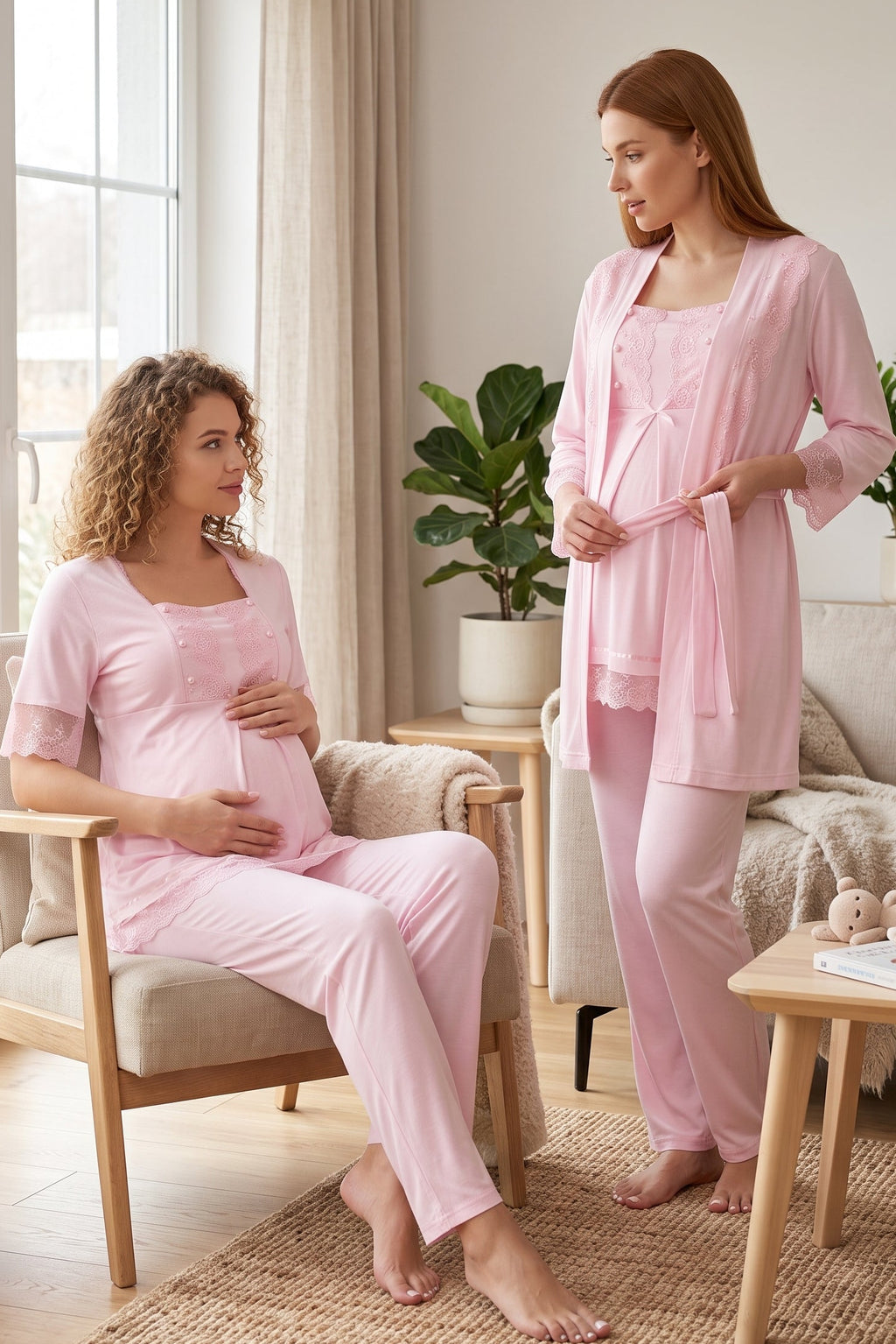 Lace Embroidered 3-Piece Maternity Feeding-Friendly Pajama & Robe Set Pink - T6034