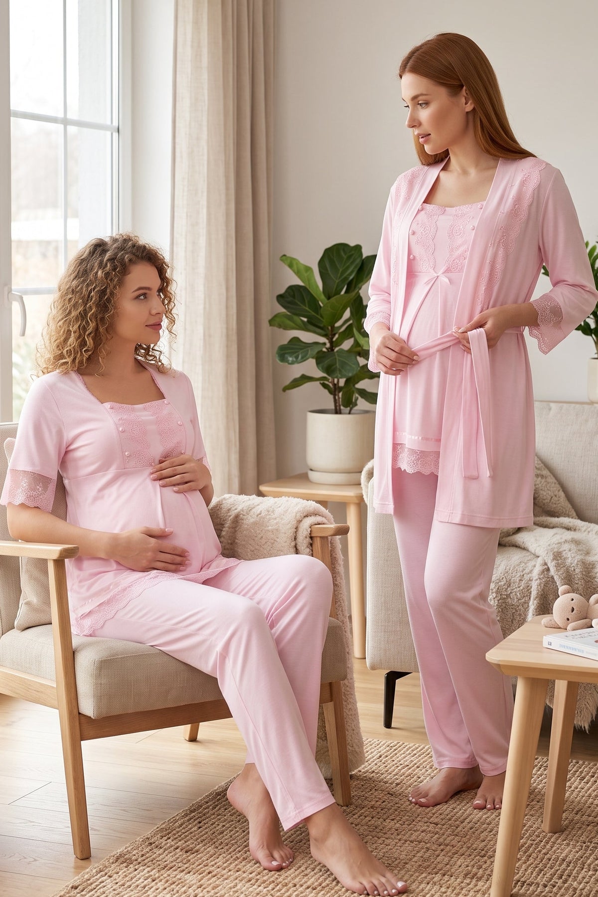 Lace Embroidered 3-Piece Maternity Feeding-Friendly Pajama & Robe Set Pink - T6034