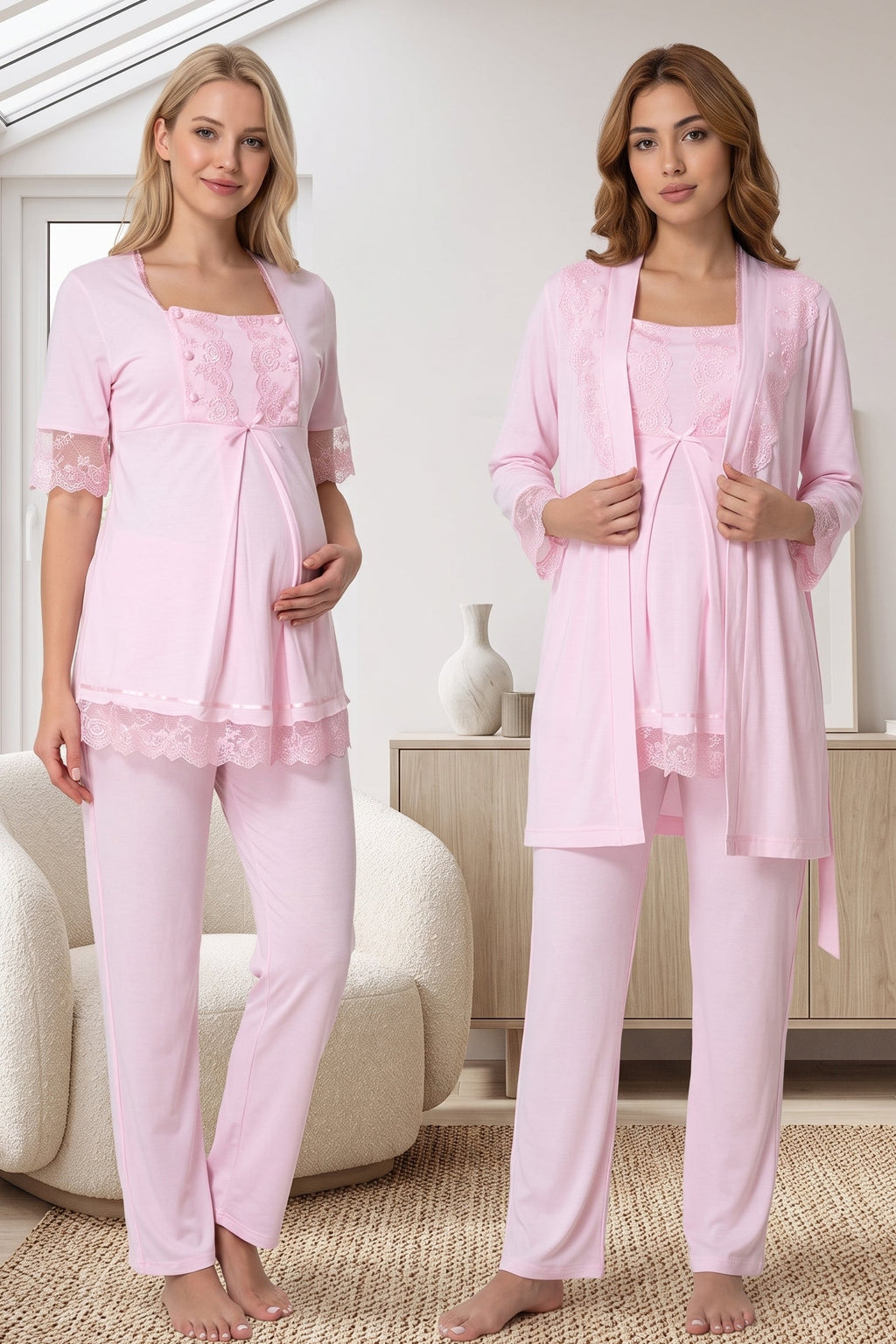 Lace Embroidered 3-Piece Maternity Feeding-Friendly Pajama & Robe Set Pink - T6034