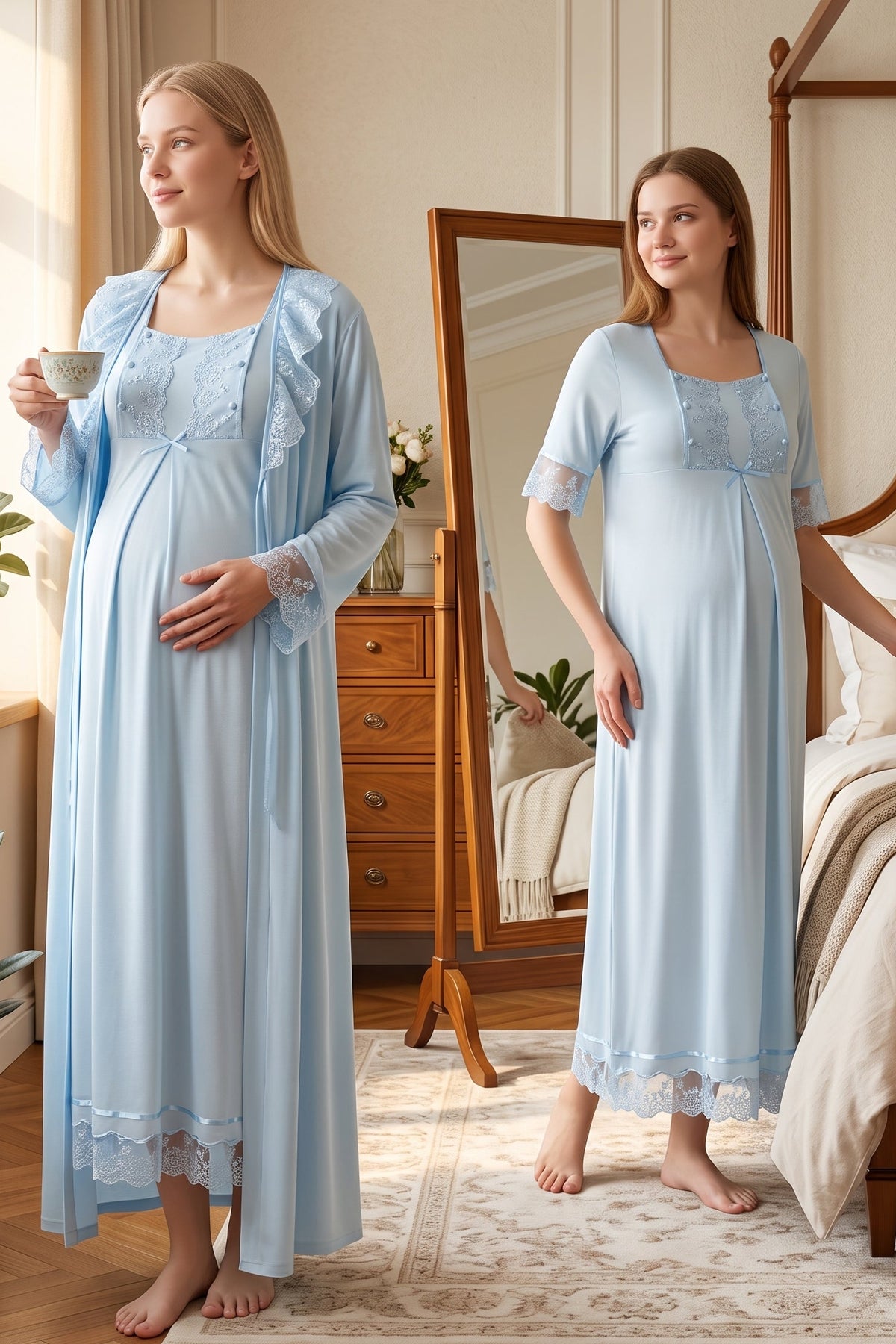 Lace Embroidered Maternity Feeding-Friendly Nightgown & Robe Set Blue - T6035