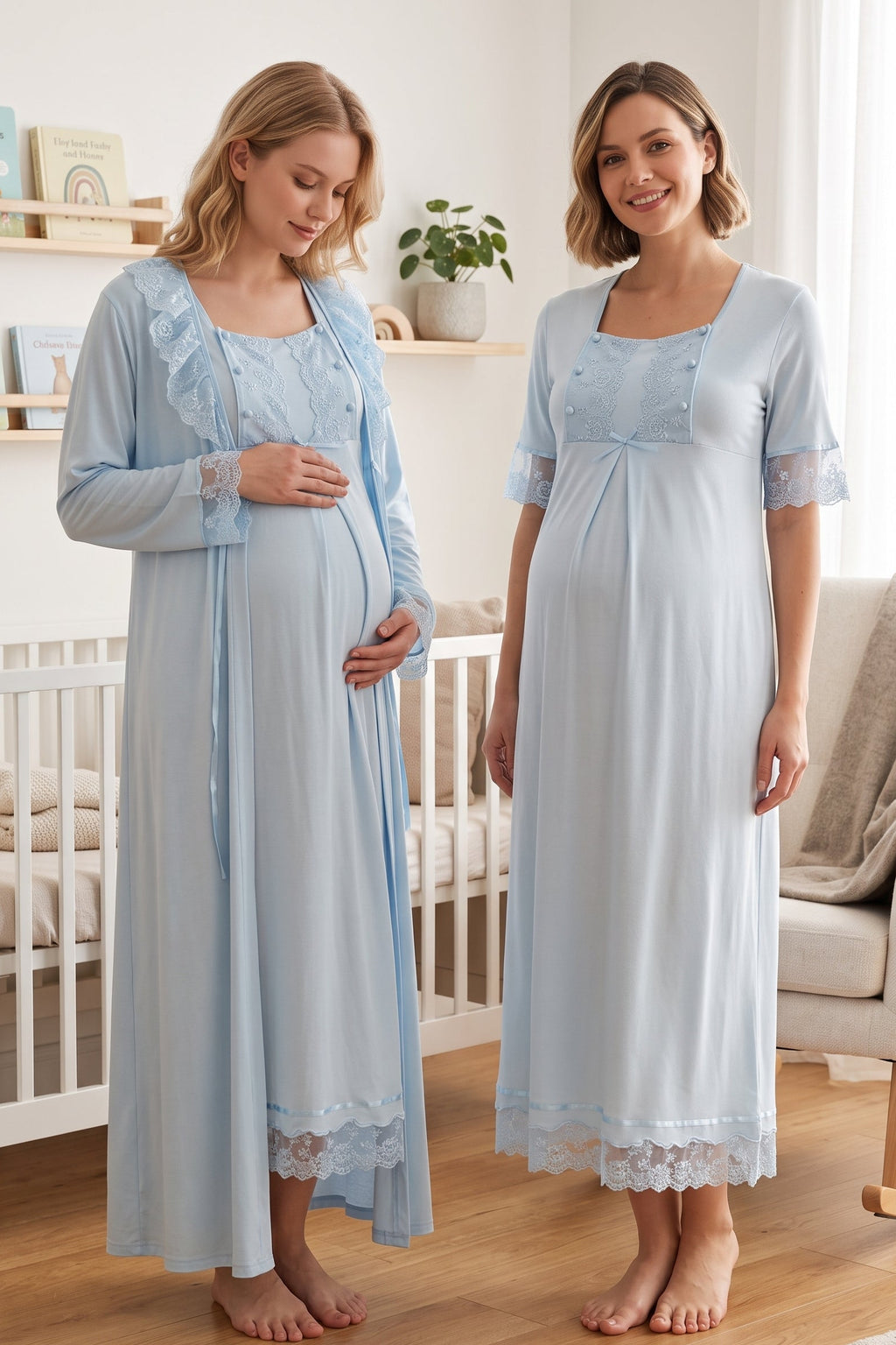Lace Embroidered Maternity Feeding-Friendly Nightgown & Robe Set Blue - T6035
