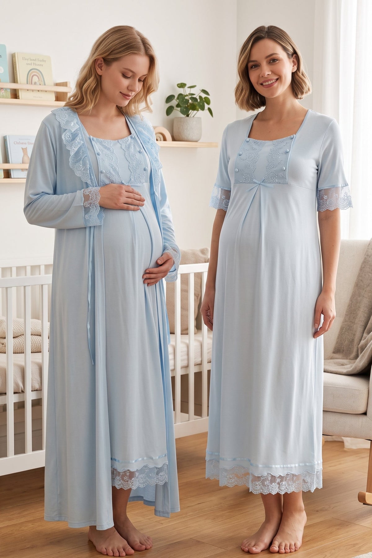 Lace Embroidered Maternity Feeding-Friendly Nightgown & Robe Set Blue - T6035