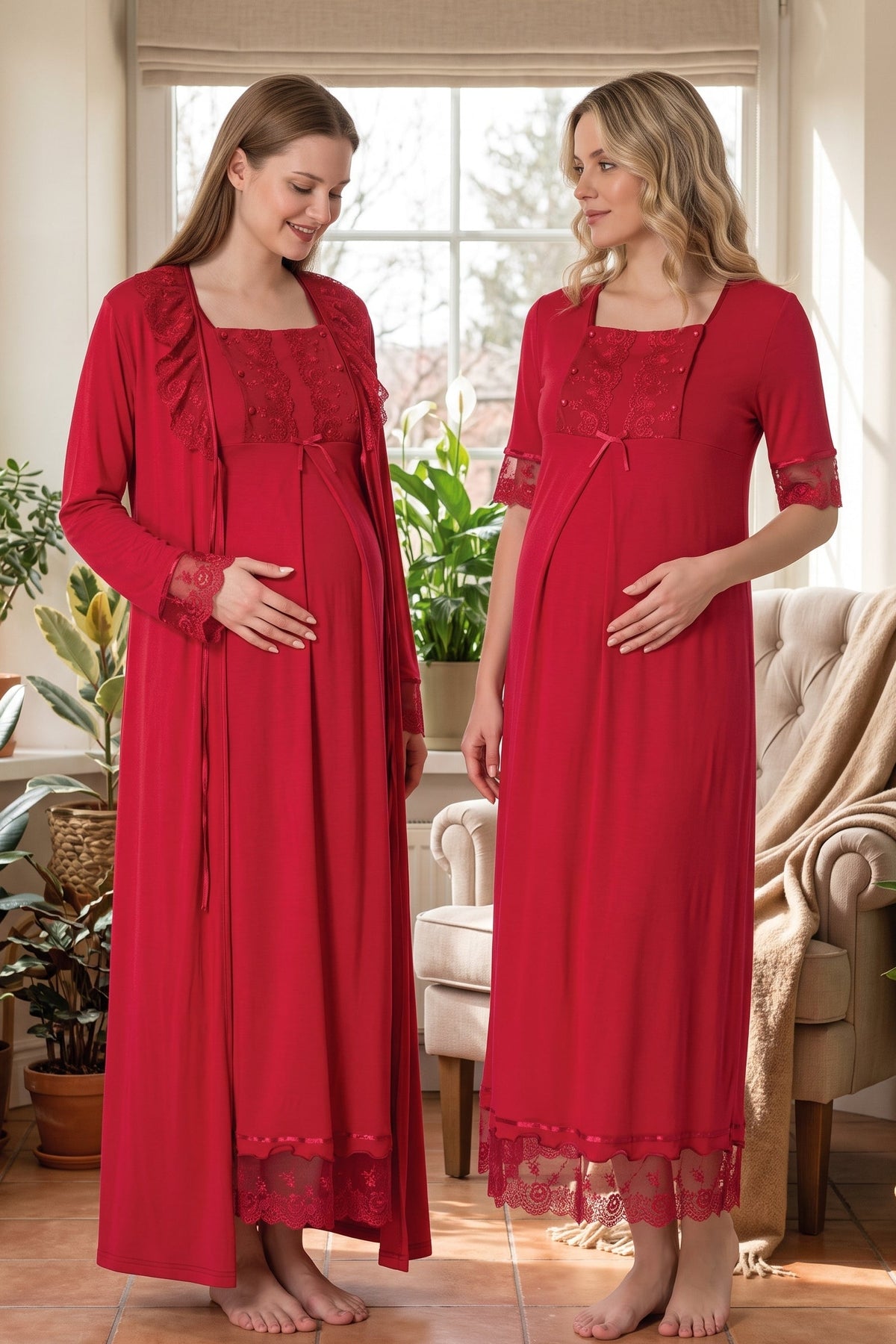 Lace Embroidered Maternity Feeding-Friendly Nightgown & Robe Set Cherry - T6035