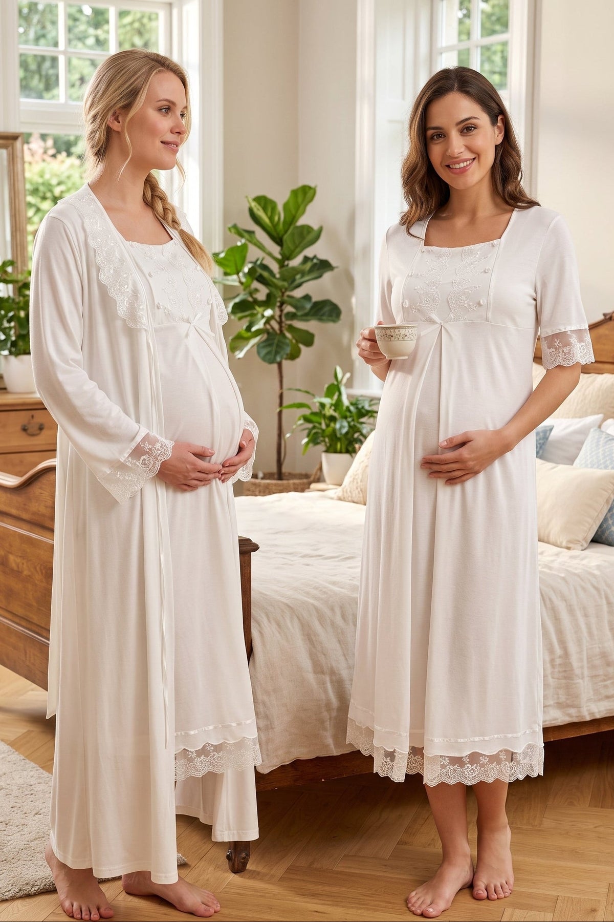 Lace Embroidered Maternity Feeding-Friendly Nightgown & Robe Set Ecru - T6035