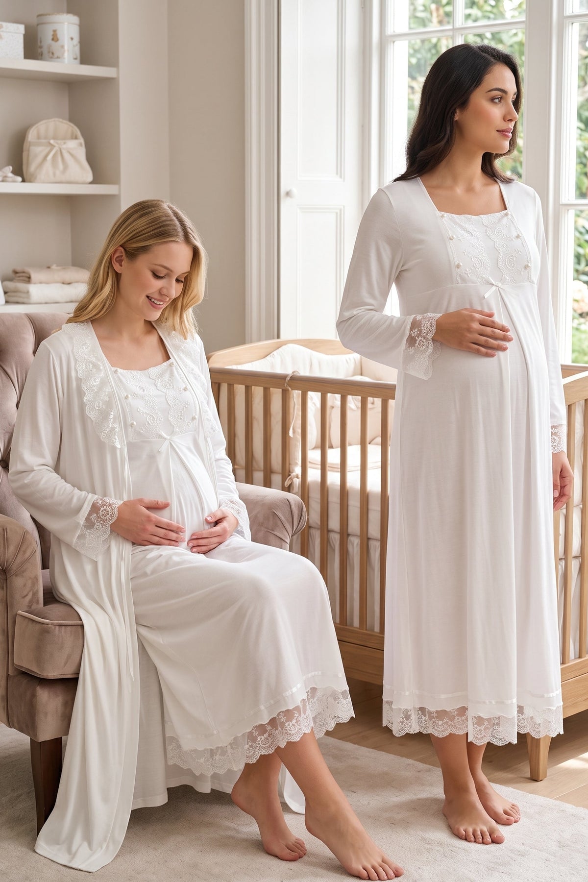 Lace Embroidered Maternity Feeding-Friendly Nightgown & Robe Set Ecru - T6035