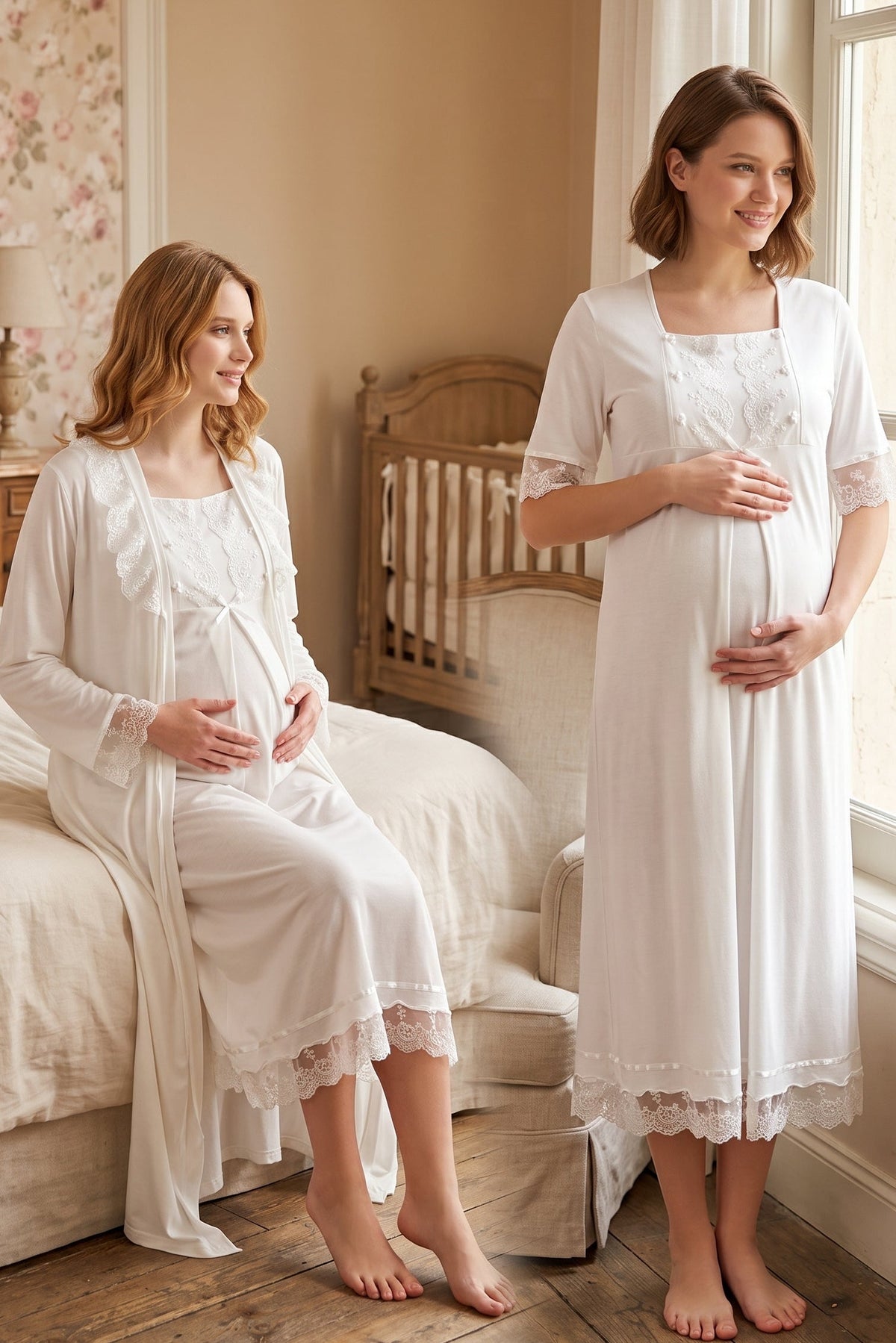 Lace Embroidered Maternity Feeding-Friendly Nightgown & Robe Set Ecru - T6035