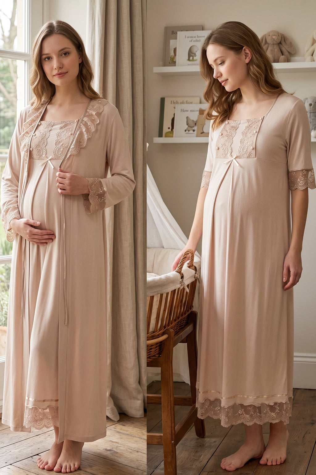 Lace Embroidered Maternity Feeding-Friendly Nightgown & Robe Set Mink - T6035