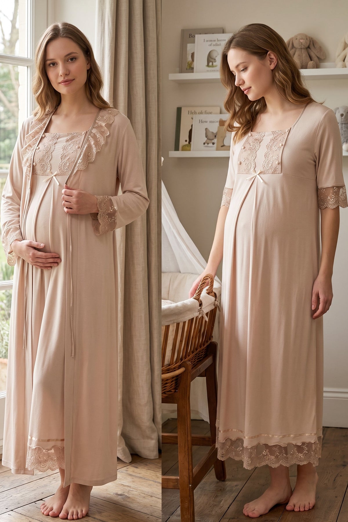 Lace Embroidered Maternity Feeding-Friendly Nightgown & Robe Set Mink - T6035